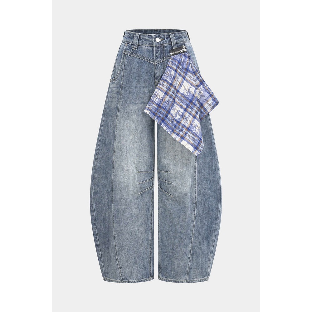 Barrel Leg Jeans Plaid Accent Wide Leg Balloon Pants